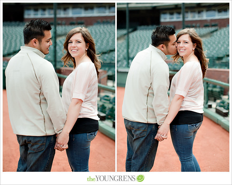 San Francisco engagement, Giants Stadium engagement, engagement session at AT&T Park, baseball engagement, engagement session in San Francisco, Major League Baseball engagement, MLB engagement, baseball stadium engagement, Giants baseball engagement, San Francisco Giants engagement, engagement session with Giants fans, engagement session inside Giants Stadium, engagement session inside AT&T park