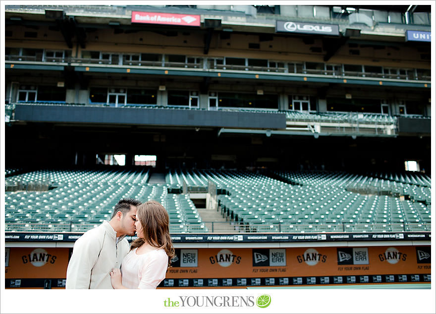 San Francisco engagement, Giants Stadium engagement, engagement session at AT&T Park, baseball engagement, engagement session in San Francisco, Major League Baseball engagement, MLB engagement, baseball stadium engagement, Giants baseball engagement, San Francisco Giants engagement, engagement session with Giants fans, engagement session inside Giants Stadium, engagement session inside AT&T park