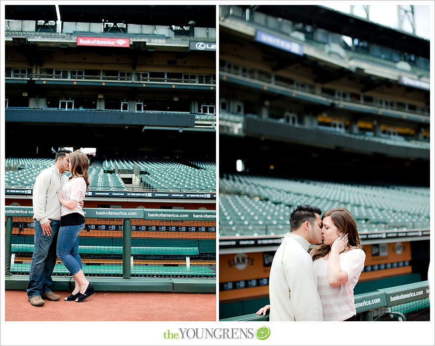 San Francisco engagement, Giants Stadium engagement, engagement session at AT&T Park, baseball engagement, engagement session in San Francisco, Major League Baseball engagement, MLB engagement, baseball stadium engagement, Giants baseball engagement, San Francisco Giants engagement, engagement session with Giants fans, engagement session inside Giants Stadium, engagement session inside AT&T park