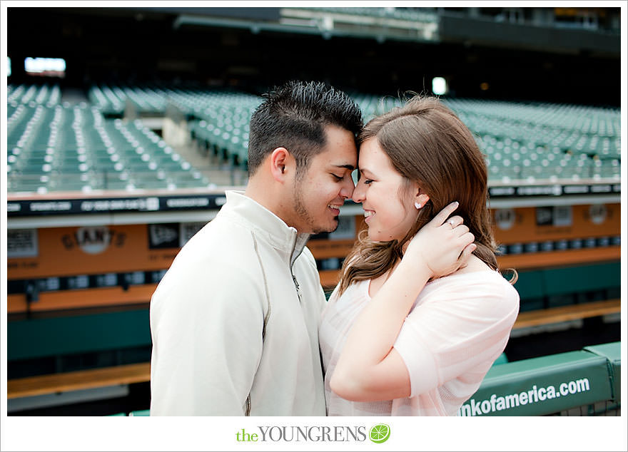 San Francisco engagement, Giants Stadium engagement, engagement session at AT&T Park, baseball engagement, engagement session in San Francisco, Major League Baseball engagement, MLB engagement, baseball stadium engagement, Giants baseball engagement, San Francisco Giants engagement, engagement session with Giants fans, engagement session inside Giants Stadium, engagement session inside AT&T park