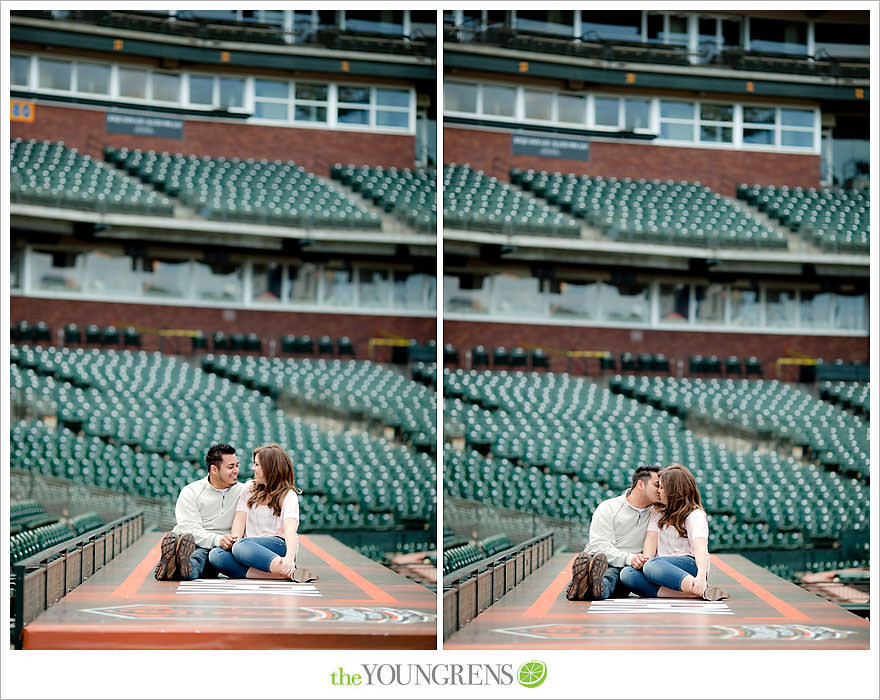 San Francisco engagement, Giants Stadium engagement, engagement session at AT&T Park, baseball engagement, engagement session in San Francisco, Major League Baseball engagement, MLB engagement, baseball stadium engagement, Giants baseball engagement, San Francisco Giants engagement, engagement session with Giants fans, engagement session inside Giants Stadium, engagement session inside AT&T park