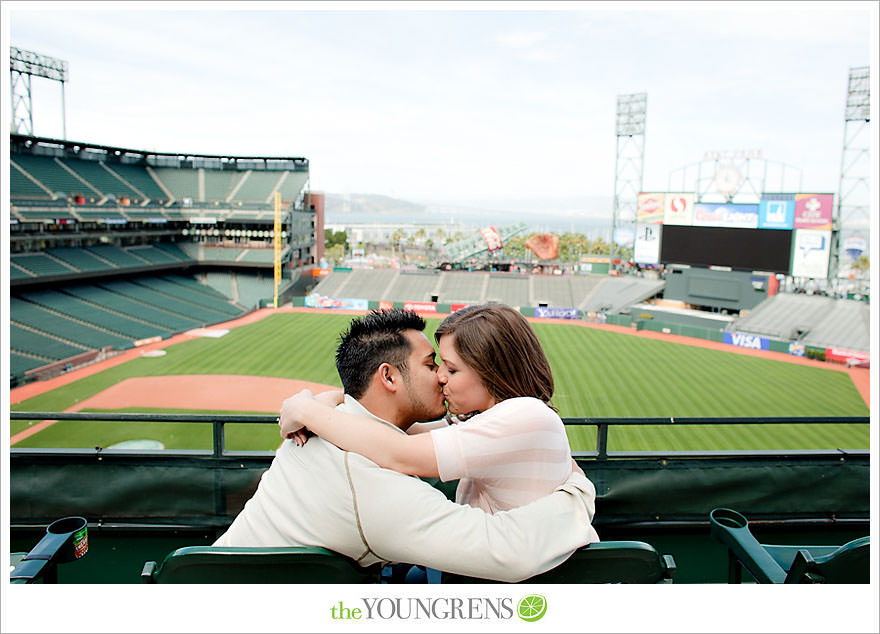 San Francisco engagement, Giants Stadium engagement, engagement session at AT&T Park, baseball engagement, engagement session in San Francisco, Major League Baseball engagement, MLB engagement, baseball stadium engagement, Giants baseball engagement, San Francisco Giants engagement, engagement session with Giants fans, engagement session inside Giants Stadium, engagement session inside AT&T park