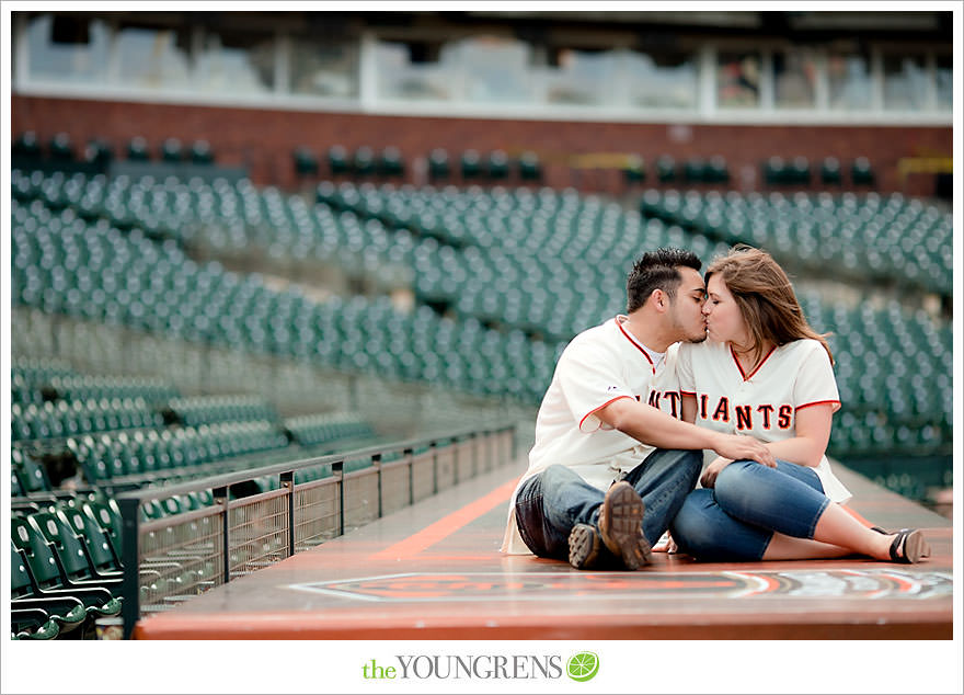 San Francisco engagement, Giants Stadium engagement, engagement session at AT&T Park, baseball engagement, engagement session in San Francisco, Major League Baseball engagement, MLB engagement, baseball stadium engagement, Giants baseball engagement, San Francisco Giants engagement, engagement session with Giants fans, engagement session inside Giants Stadium, engagement session inside AT&T park