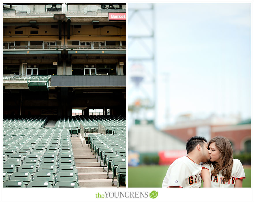 San Francisco engagement, Giants Stadium engagement, engagement session at AT&T Park, baseball engagement, engagement session in San Francisco, Major League Baseball engagement, MLB engagement, baseball stadium engagement, Giants baseball engagement, San Francisco Giants engagement, engagement session with Giants fans, engagement session inside Giants Stadium, engagement session inside AT&T park