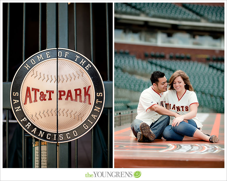 San Francisco engagement, Giants Stadium engagement, engagement session at AT&T Park, baseball engagement, engagement session in San Francisco, Major League Baseball engagement, MLB engagement, baseball stadium engagement, Giants baseball engagement, San Francisco Giants engagement, engagement session with Giants fans, engagement session inside Giants Stadium, engagement session inside AT&T park