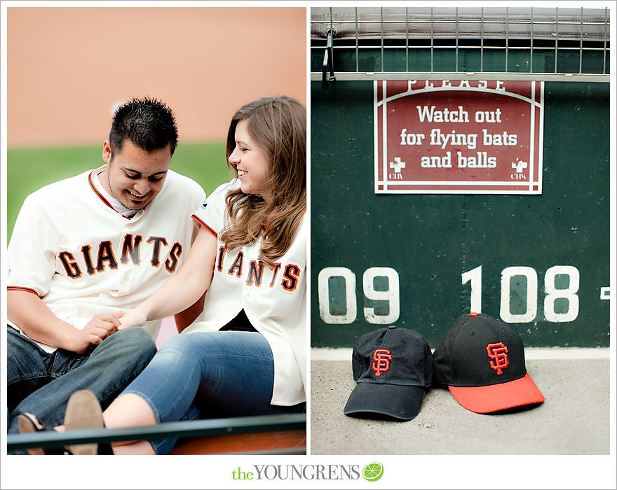 San Francisco engagement, Giants Stadium engagement, engagement session at AT&T Park, baseball engagement, engagement session in San Francisco, Major League Baseball engagement, MLB engagement, baseball stadium engagement, Giants baseball engagement, San Francisco Giants engagement, engagement session with Giants fans, engagement session inside Giants Stadium, engagement session inside AT&T park