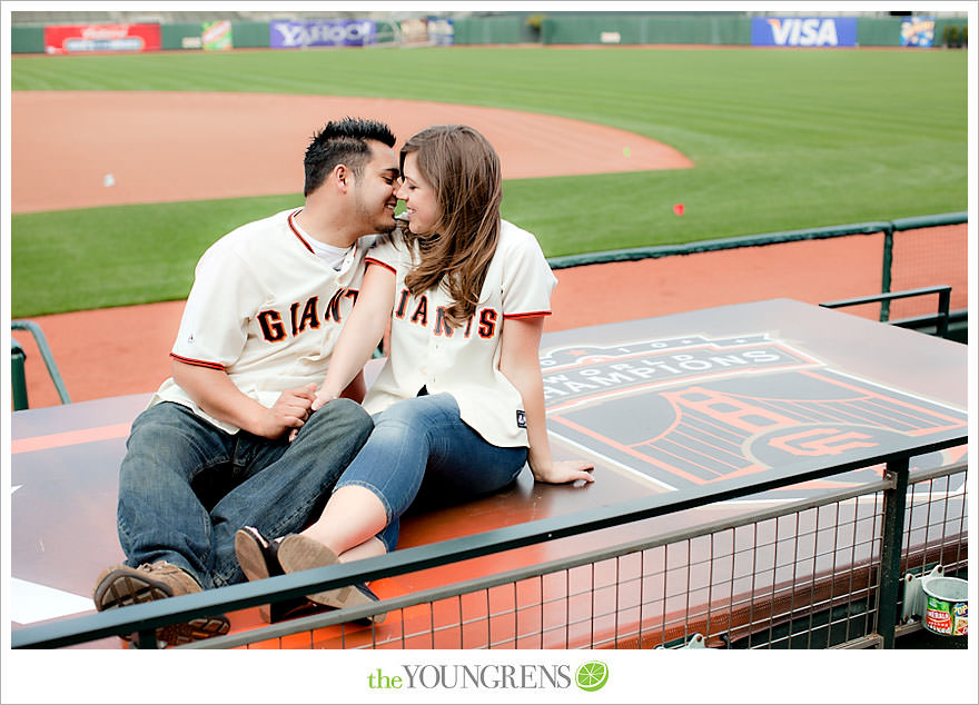 San Francisco engagement, Giants Stadium engagement, engagement session at AT&T Park, baseball engagement, engagement session in San Francisco, Major League Baseball engagement, MLB engagement, baseball stadium engagement, Giants baseball engagement, San Francisco Giants engagement, engagement session with Giants fans, engagement session inside Giants Stadium, engagement session inside AT&T park