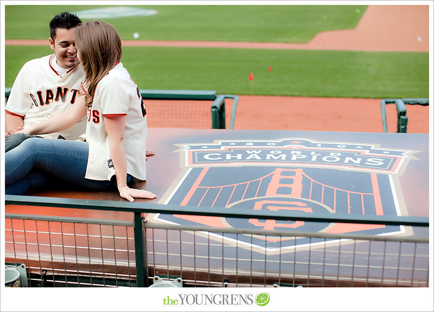 San Francisco engagement, Giants Stadium engagement, engagement session at AT&T Park, baseball engagement, engagement session in San Francisco, Major League Baseball engagement, MLB engagement, baseball stadium engagement, Giants baseball engagement, San Francisco Giants engagement, engagement session with Giants fans, engagement session inside Giants Stadium, engagement session inside AT&T park