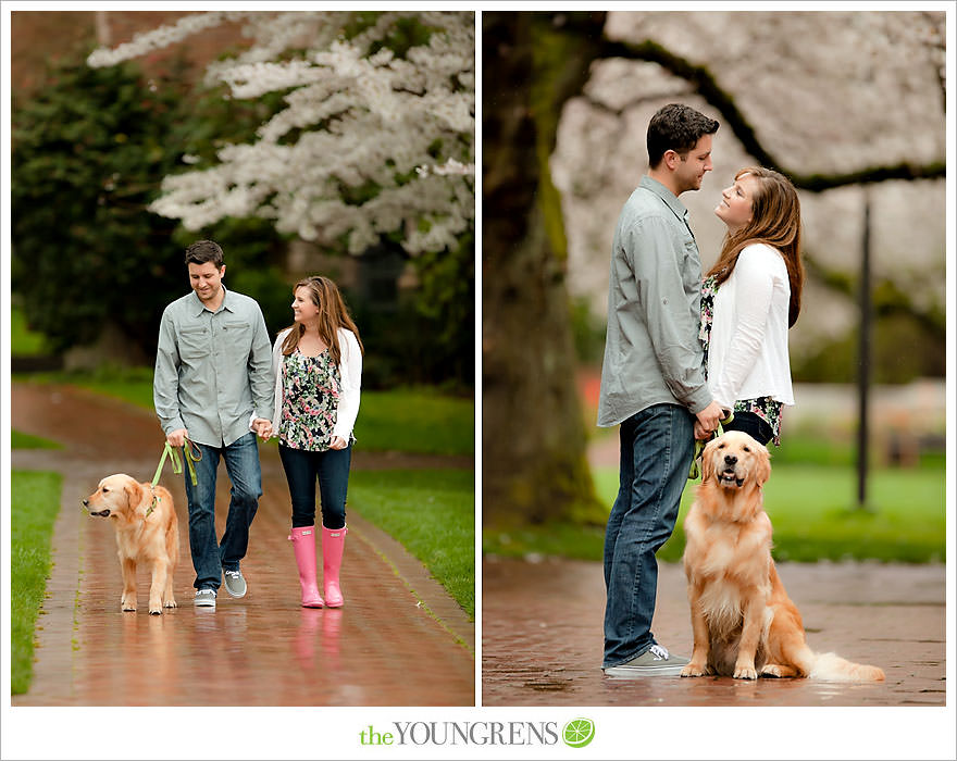 Seattle engagement session, University of Washington engagement, Washington engagement, dog engagement, engagement with doggles, rain-themed engagement, Hunter boots engagment, Vans engagement, cherry blossoms engagement, cherry blossoms at University of Washington