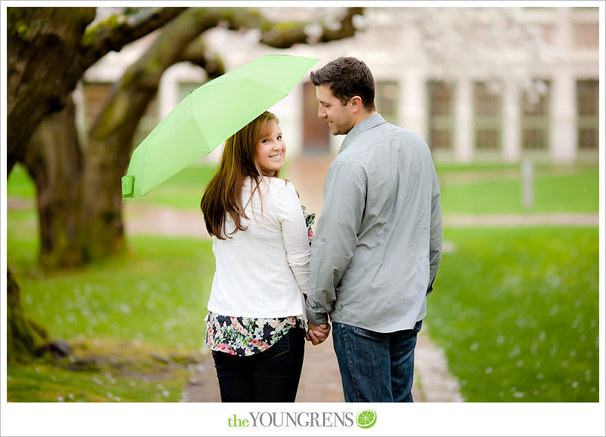 Seattle engagement session, University of Washington engagement, Washington engagement, dog engagement, engagement with doggles, rain-themed engagement, Hunter boots engagment, Vans engagement, cherry blossoms engagement, cherry blossoms at University of Washington