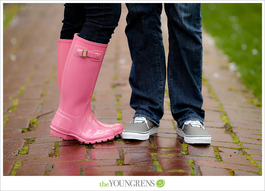 Seattle engagement session, University of Washington engagement, Washington engagement, dog engagement, engagement with doggles, rain-themed engagement, Hunter boots engagment, Vans engagement, cherry blossoms engagement, cherry blossoms at University of Washington