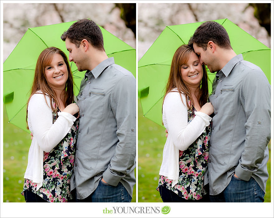 Seattle engagement session, University of Washington engagement, Washington engagement, dog engagement, engagement with doggles, rain-themed engagement, Hunter boots engagment, Vans engagement, cherry blossoms engagement, cherry blossoms at University of Washington