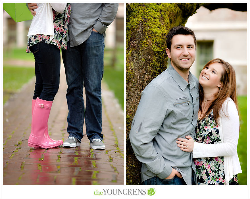 Seattle engagement session, University of Washington engagement, Washington engagement, dog engagement, engagement with doggles, rain-themed engagement, Hunter boots engagment, Vans engagement, cherry blossoms engagement, cherry blossoms at University of Washington