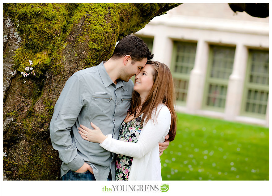 Seattle engagement session, University of Washington engagement, Washington engagement, dog engagement, engagement with doggles, rain-themed engagement, Hunter boots engagment, Vans engagement, cherry blossoms engagement, cherry blossoms at University of Washington