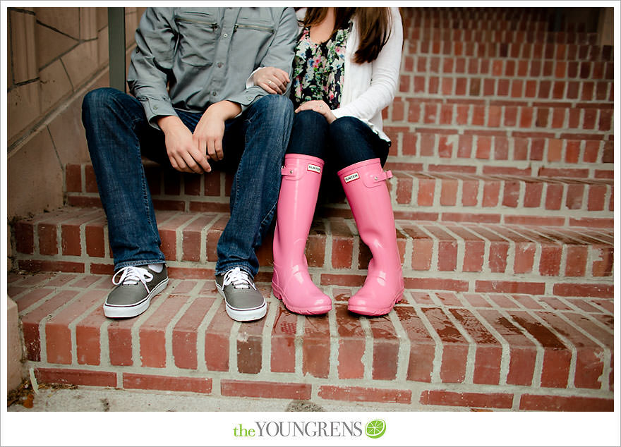 Seattle engagement session, University of Washington engagement, Washington engagement, dog engagement, engagement with doggles, rain-themed engagement, Hunter boots engagment, Vans engagement, cherry blossoms engagement, cherry blossoms at University of Washington