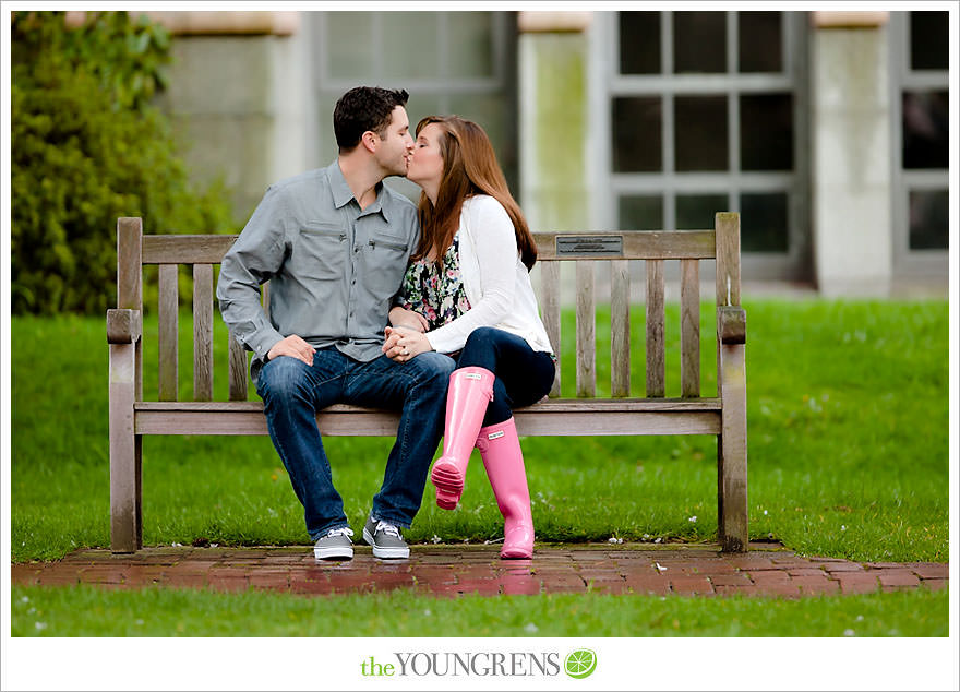 Seattle engagement session, University of Washington engagement, Washington engagement, dog engagement, engagement with doggles, rain-themed engagement, Hunter boots engagment, Vans engagement, cherry blossoms engagement, cherry blossoms at University of Washington