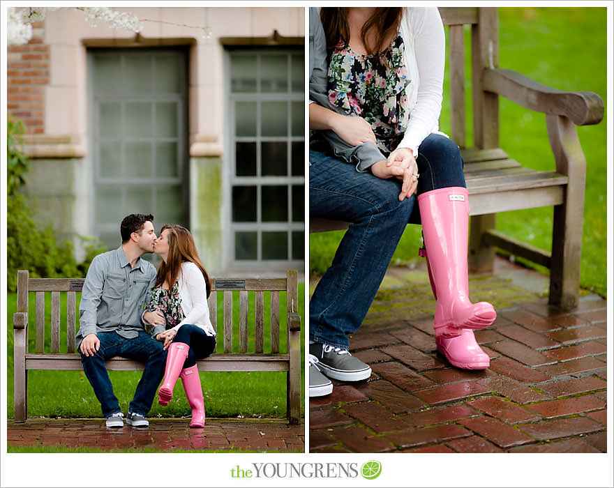 Seattle engagement session, University of Washington engagement, Washington engagement, dog engagement, engagement with doggles, rain-themed engagement, Hunter boots engagment, Vans engagement, cherry blossoms engagement, cherry blossoms at University of Washington