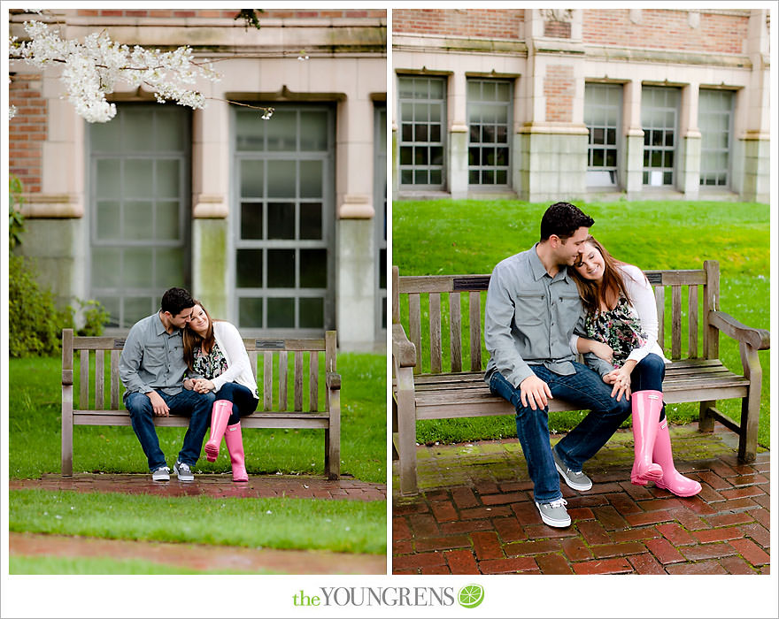 Seattle engagement session, University of Washington engagement, Washington engagement, dog engagement, engagement with doggles, rain-themed engagement, Hunter boots engagment, Vans engagement, cherry blossoms engagement, cherry blossoms at University of Washington