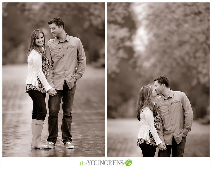 Seattle engagement session, University of Washington engagement, Washington engagement, dog engagement, engagement with doggles, rain-themed engagement, Hunter boots engagment, Vans engagement, cherry blossoms engagement, cherry blossoms at University of Washington