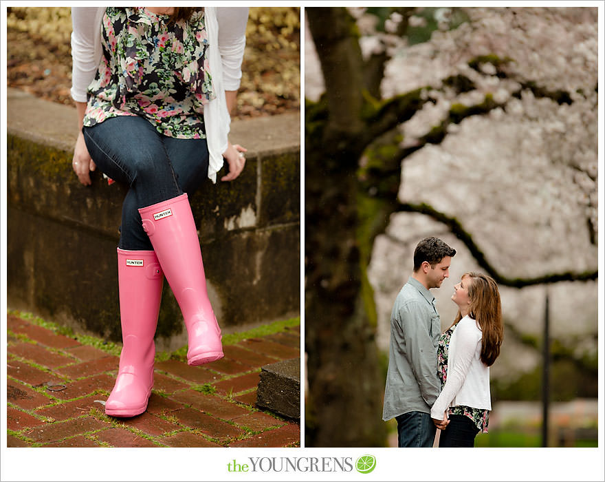 Seattle engagement session, University of Washington engagement, Washington engagement, dog engagement, engagement with doggles, rain-themed engagement, Hunter boots engagment, Vans engagement, cherry blossoms engagement, cherry blossoms at University of Washington