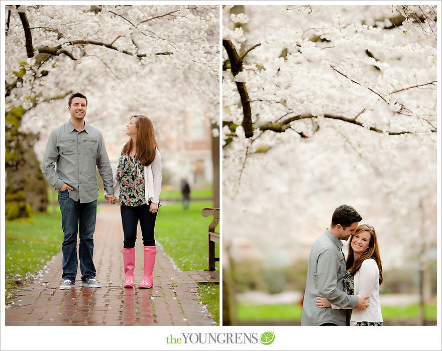 Seattle engagement session, University of Washington engagement, Washington engagement, dog engagement, engagement with doggles, rain-themed engagement, Hunter boots engagment, Vans engagement, cherry blossoms engagement, cherry blossoms at University of Washington