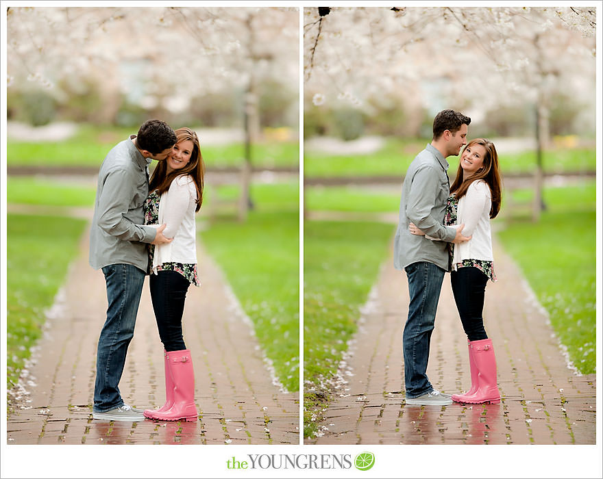 Seattle engagement session, University of Washington engagement, Washington engagement, dog engagement, engagement with doggles, rain-themed engagement, Hunter boots engagment, Vans engagement, cherry blossoms engagement, cherry blossoms at University of Washington