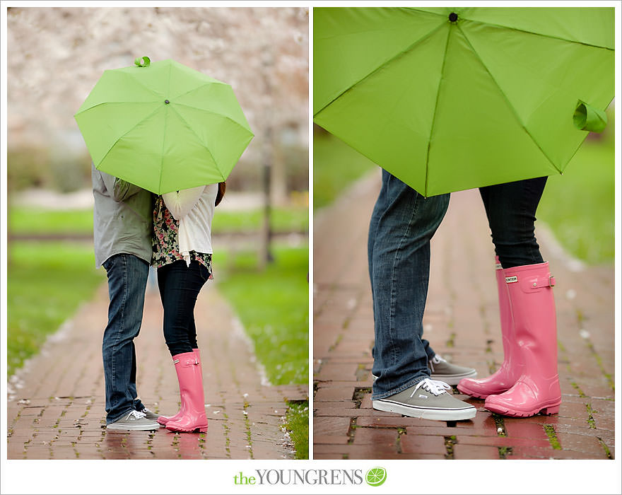 Seattle engagement session, University of Washington engagement, Washington engagement, dog engagement, engagement with doggles, rain-themed engagement, Hunter boots engagment, Vans engagement, cherry blossoms engagement, cherry blossoms at University of Washington