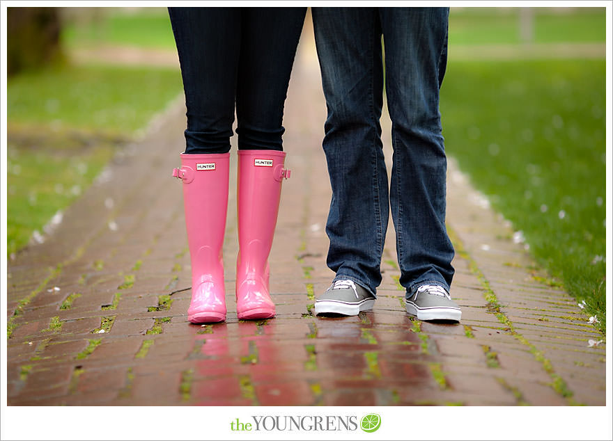 Seattle engagement session, University of Washington engagement, Washington engagement, dog engagement, engagement with doggles, rain-themed engagement, Hunter boots engagment, Vans engagement, cherry blossoms engagement, cherry blossoms at University of Washington