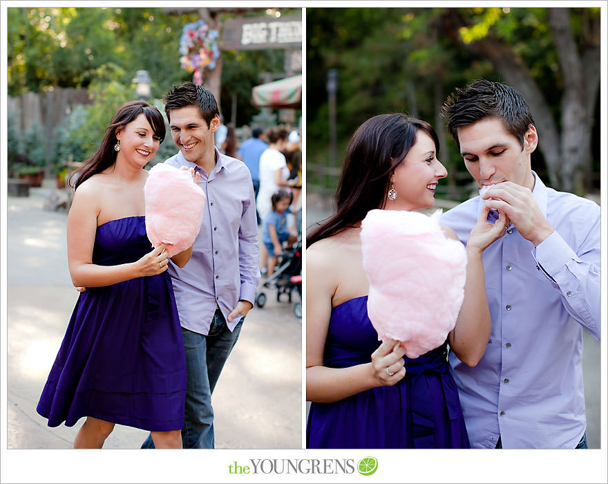 Disneyland engagement session, engagement at Disney, Disney themed engagement, theme park engagement session, engagement with Disney castle, cotton candy engagement