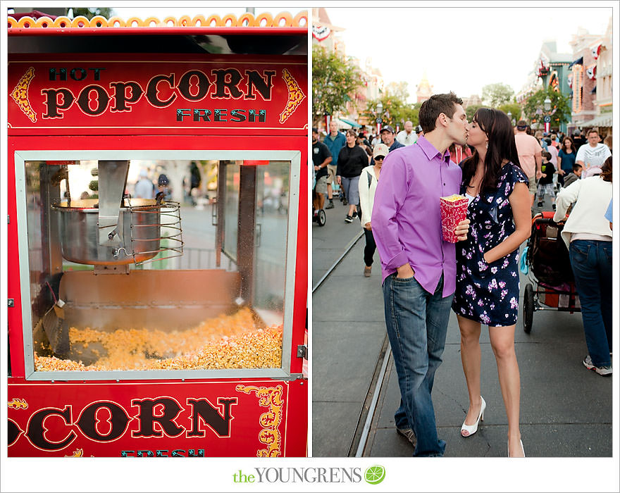 Disneyland engagement session, engagement at Disney, Disney themed engagement, theme park engagement session, engagement with Disney castle, cotton candy engagement, popcorn engagement