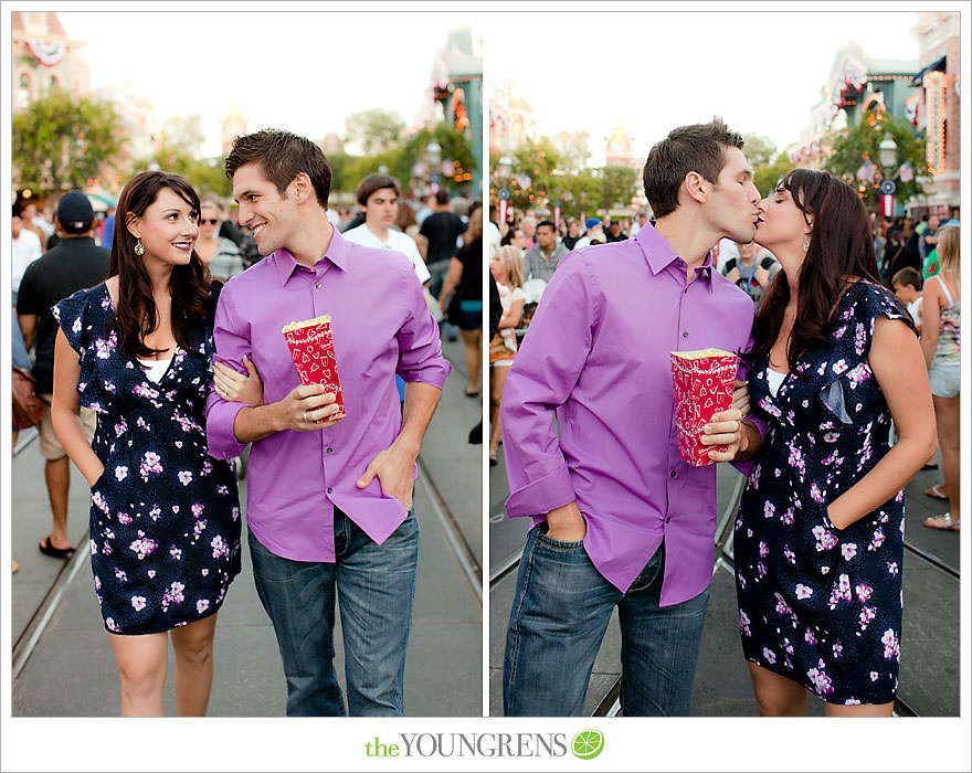 Disneyland engagement session, engagement at Disney, Disney themed engagement, theme park engagement session, engagement with Disney castle, cotton candy engagement, popcorn engagement