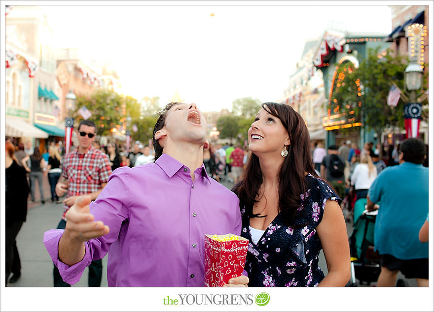 Disneyland engagement session, engagement at Disney, Disney themed engagement, theme park engagement session, engagement with Disney castle, cotton candy engagement, popcorn engagement