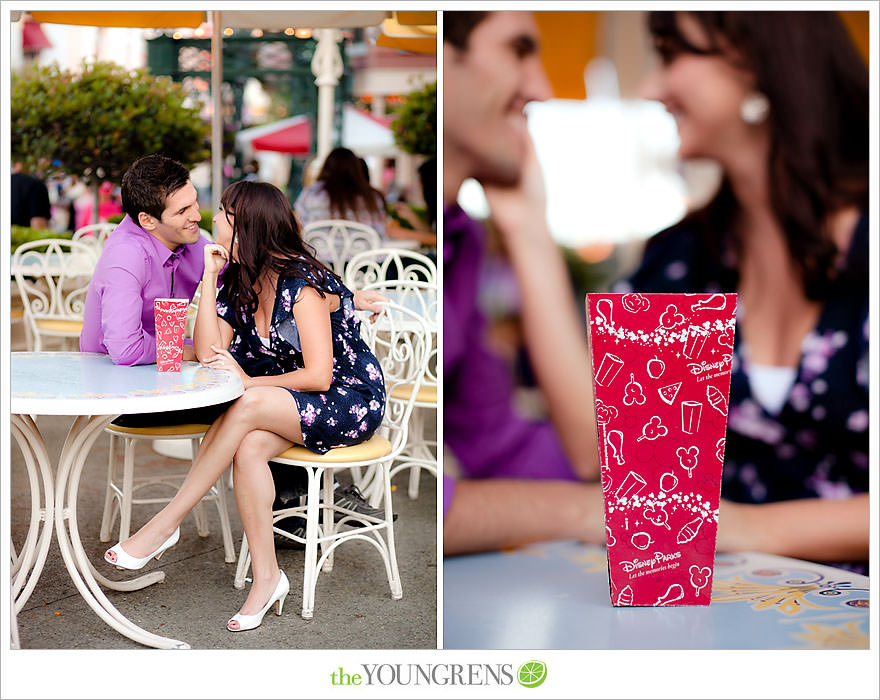 Disneyland engagement session, engagement at Disney, Disney themed engagement, theme park engagement session, engagement with Disney castle, cotton candy engagement, popcorn engagement