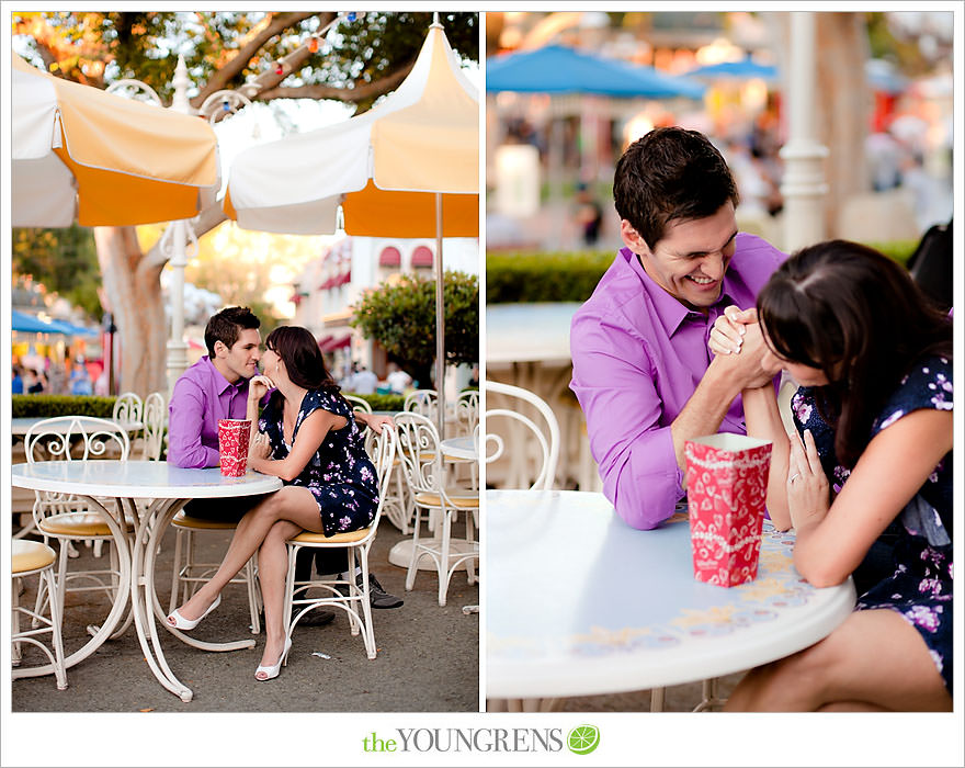 Disneyland engagement session, engagement at Disney, Disney themed engagement, theme park engagement session, engagement with Disney castle, cotton candy engagement, popcorn engagement