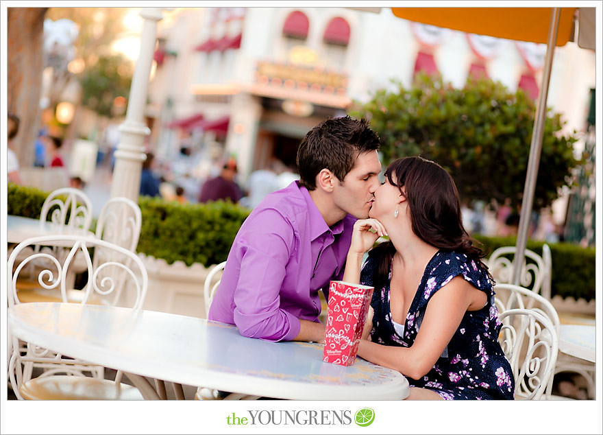 Disneyland engagement session, engagement at Disney, Disney themed engagement, theme park engagement session, engagement with Disney castle, cotton candy engagement, popcorn engagement