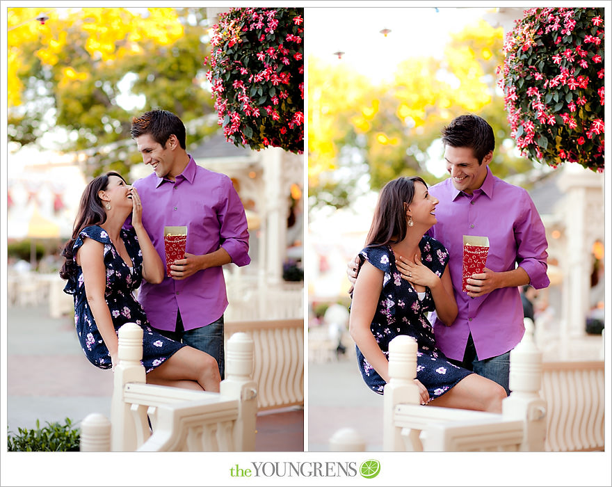 Disneyland engagement session, engagement at Disney, Disney themed engagement, theme park engagement session, engagement with Disney castle, cotton candy engagement, popcorn engagement