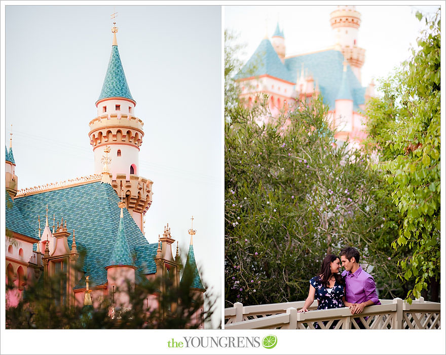 Disneyland engagement session, engagement at Disney, Disney themed engagement, theme park engagement session, engagement with Disney castle, cotton candy engagement, popcorn engagement