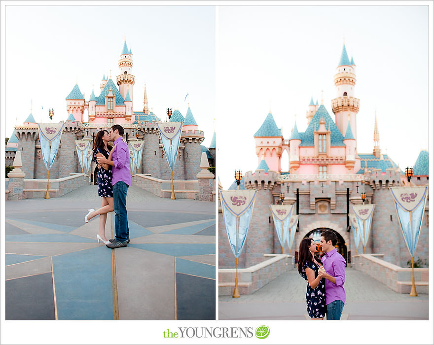 Disneyland engagement session, engagement at Disney, Disney themed engagement, theme park engagement session, engagement with Disney castle, cotton candy engagement, popcorn engagement