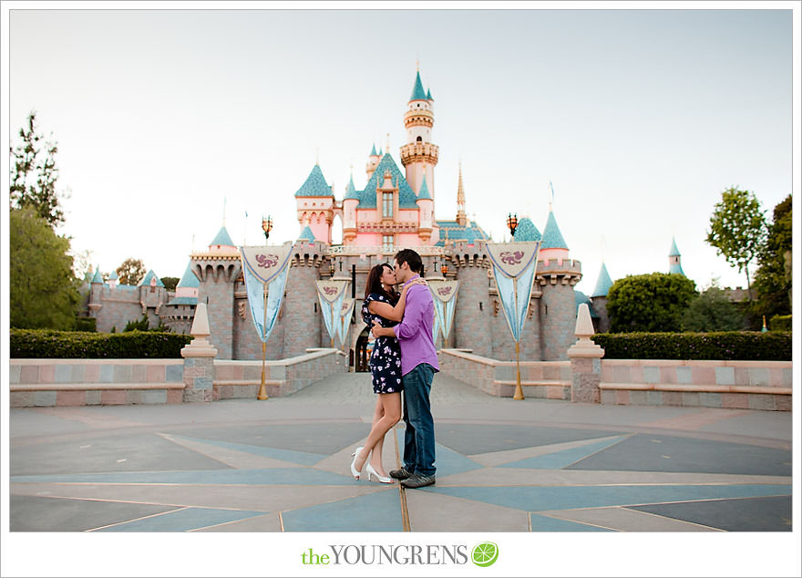 Disneyland engagement session, engagement at Disney, Disney themed engagement, theme park engagement session, engagement with Disney castle, cotton candy engagement, popcorn engagement