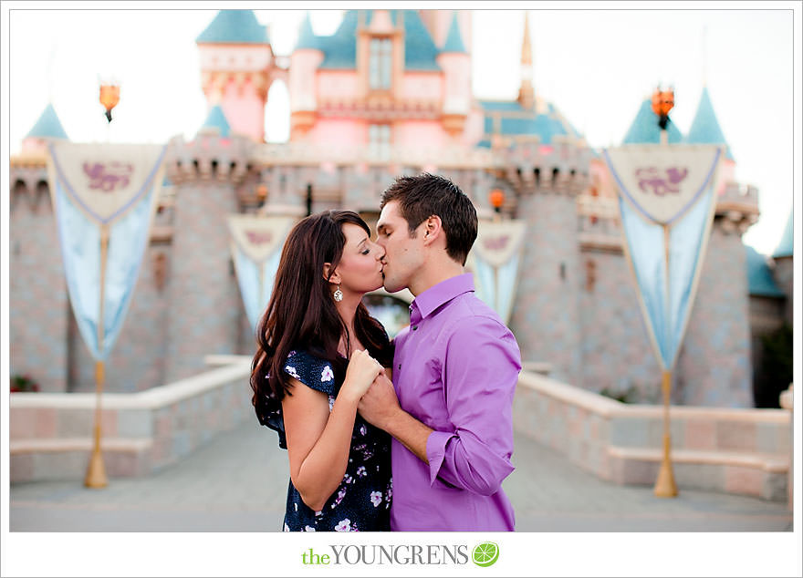 Disneyland engagement session, engagement at Disney, Disney themed engagement, theme park engagement session, engagement with Disney castle, cotton candy engagement, popcorn engagement