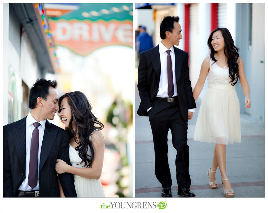 Balboa Island engagement session, carnival engagement session, beach engagement session, pier engagement session, sunset engagement photos, Newport Beach engagement session, arcade engagement session, Vietnamese engagement session