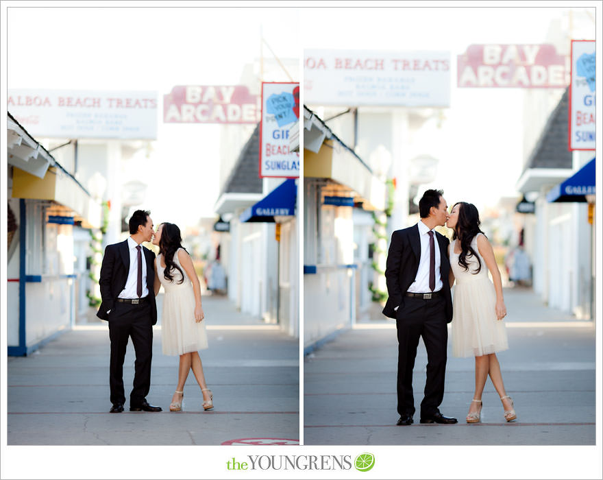 Balboa Island engagement session, carnival engagement session, beach engagement session, pier engagement session, sunset engagement photos, Newport Beach engagement session, arcade engagement session, Vietnamese engagement session