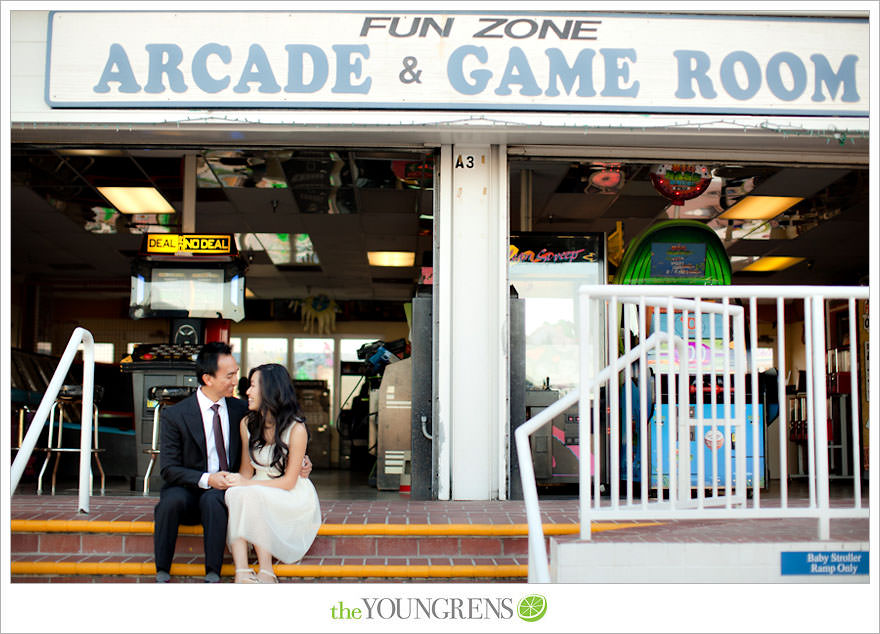 Balboa Island engagement session, carnival engagement session, beach engagement session, pier engagement session, sunset engagement photos, Newport Beach engagement session, arcade engagement session, Vietnamese engagement session