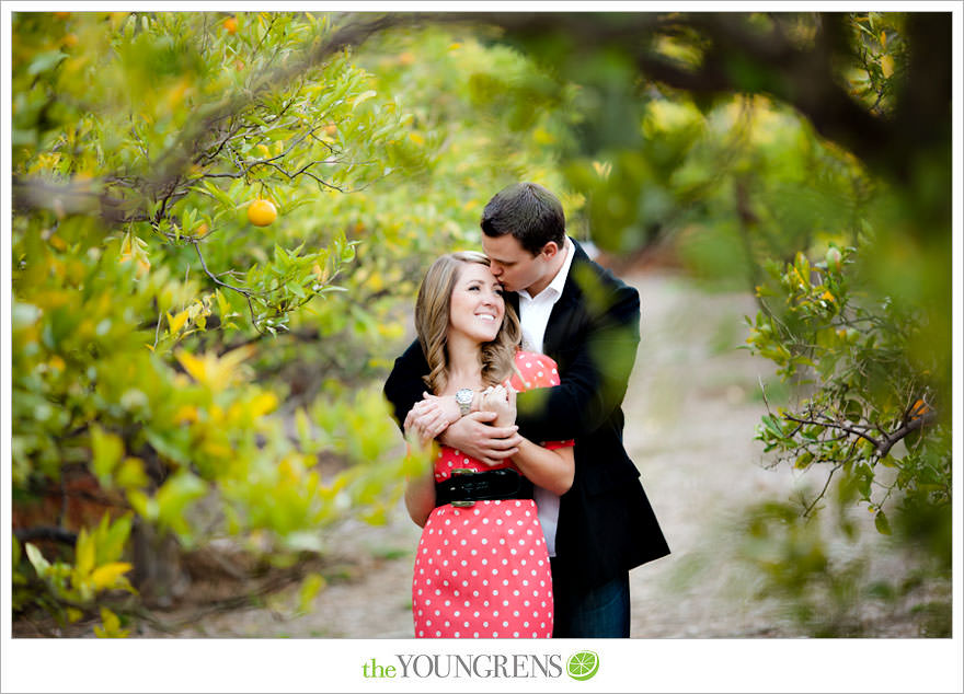 Rancho Santa Fe engagement session, San Diego engagement session, polka dot engagement session, orchard engagement session, engagement session with lemons, pink engagement session, Rancho Santa Fe Inn engagement session