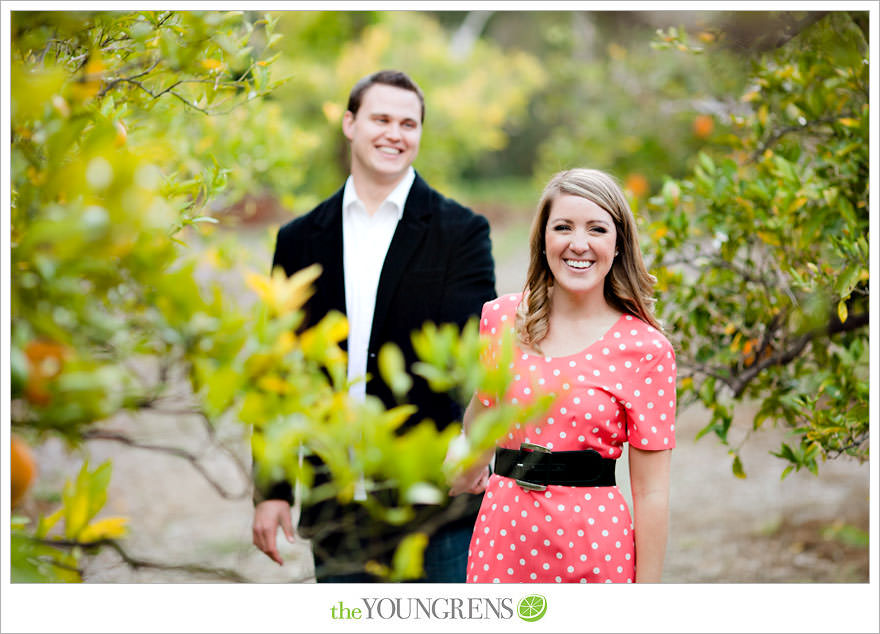 Rancho Santa Fe engagement session, San Diego engagement session, polka dot engagement session, orchard engagement session, engagement session with lemons, pink engagement session, Rancho Santa Fe Inn engagement session