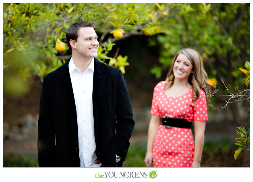 Rancho Santa Fe engagement session, San Diego engagement session, polka dot engagement session, orchard engagement session, engagement session with lemons, pink engagement session, Rancho Santa Fe Inn engagement session