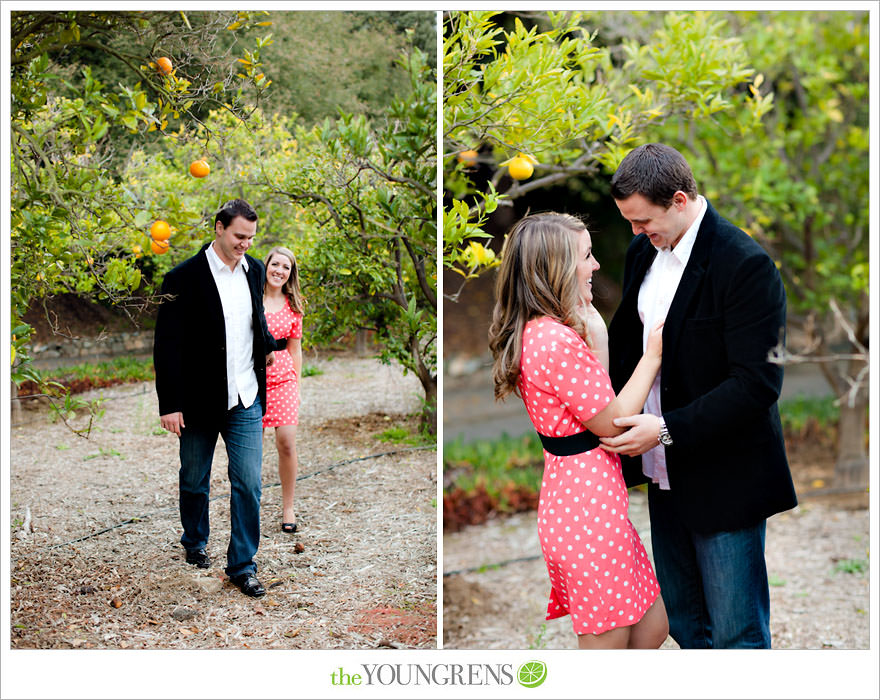 Rancho Santa Fe engagement session, San Diego engagement session, polka dot engagement session, orchard engagement session, engagement session with lemons, pink engagement session, Rancho Santa Fe Inn engagement session