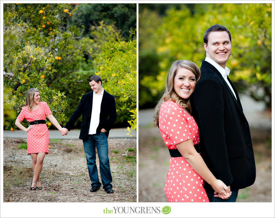 Rancho Santa Fe engagement session, San Diego engagement session, polka dot engagement session, orchard engagement session, engagement session with lemons, pink engagement session, Rancho Santa Fe Inn engagement session