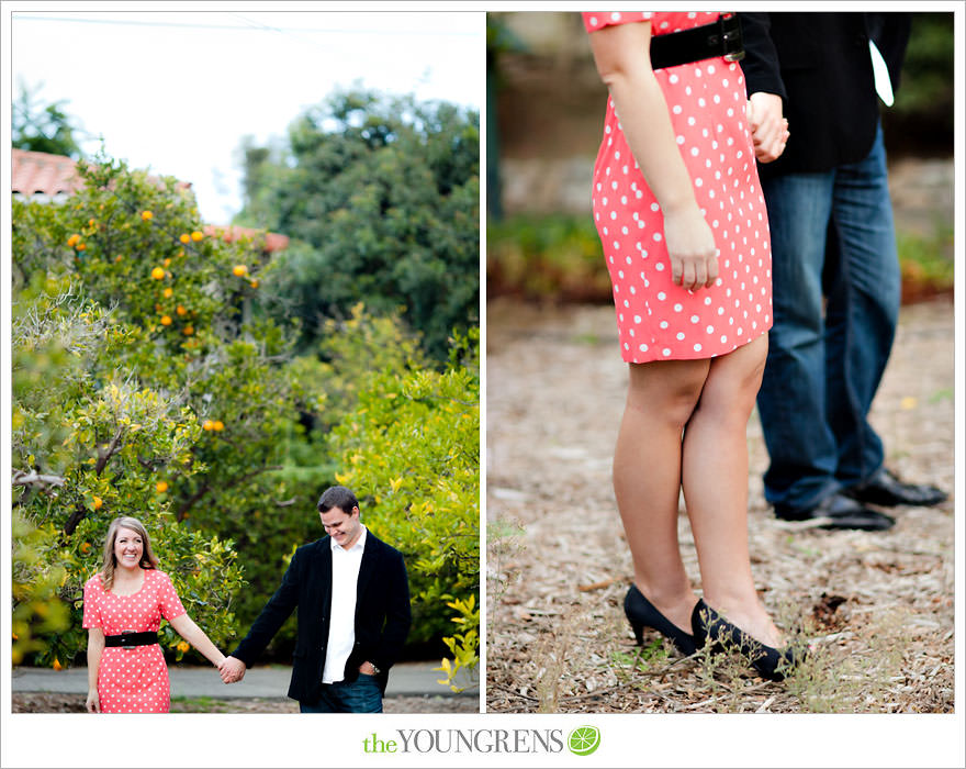 Rancho Santa Fe engagement session, San Diego engagement session, polka dot engagement session, orchard engagement session, engagement session with lemons, pink engagement session, Rancho Santa Fe Inn engagement session