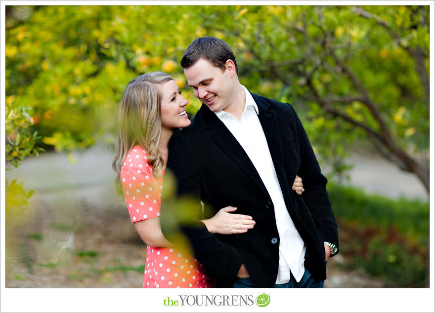 Rancho Santa Fe engagement session, San Diego engagement session, polka dot engagement session, orchard engagement session, engagement session with lemons, pink engagement session, Rancho Santa Fe Inn engagement session